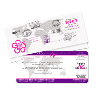 Faire-part billet d'avion "ensemble pour découvrir le monde" violet