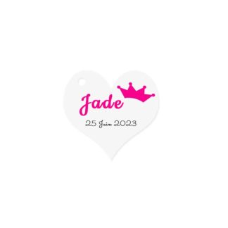 Etiquette à dragée forme coeur avec couronne fuschia