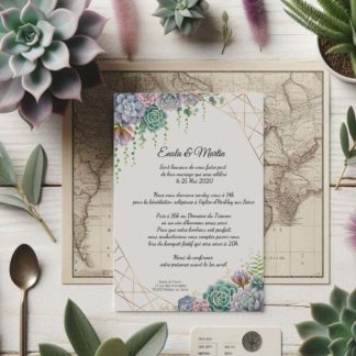 faire part de mariage avec succulentes aquarelle et cadre doré, design végétal chic et moderne