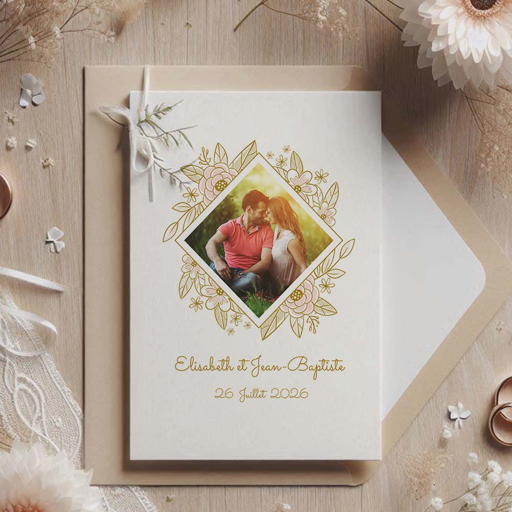 faire part de mariage champêtre avec cadre doré et photo personnalisée, design floral élégant et naturel