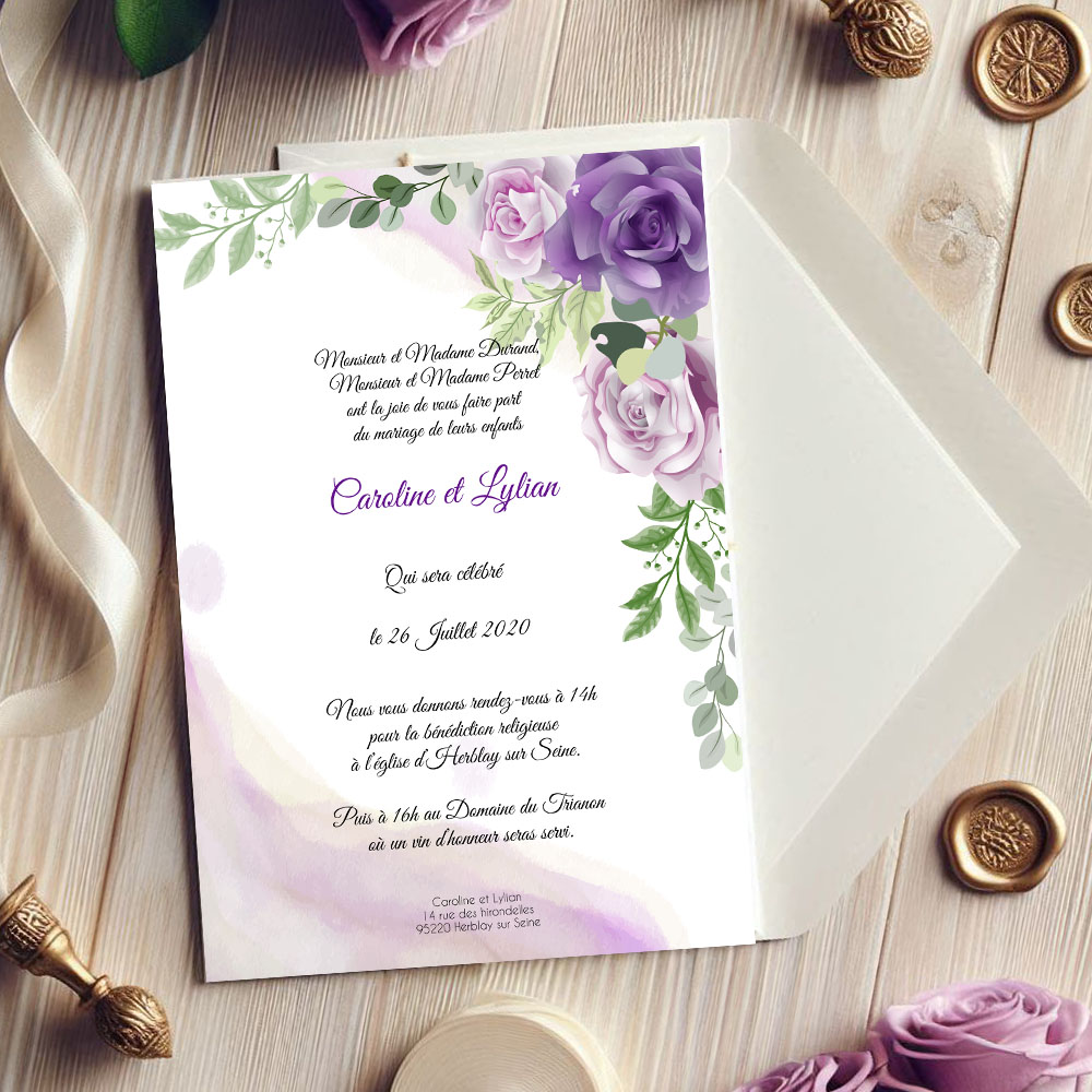 Faire-part de mariage - Floral aquarelle violet