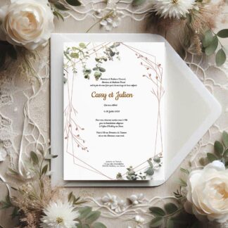 faire part de mariage nature avec eucalyptus et cadre doré, design floral élégant et champêtre chic