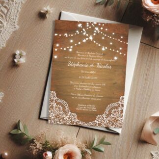 faire part de mariage bois et dentelle blanche avec guirlandes lumineuses, design champêtre chic et romantique