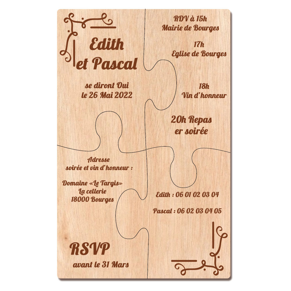 Faire-part puzzle en bois - 4 pièces