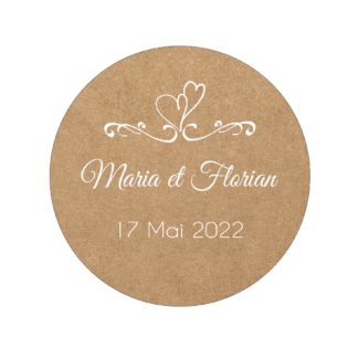 Etiquette adhésive - Fond kraft et coeur blanc ( lot de 24 étiquettes )