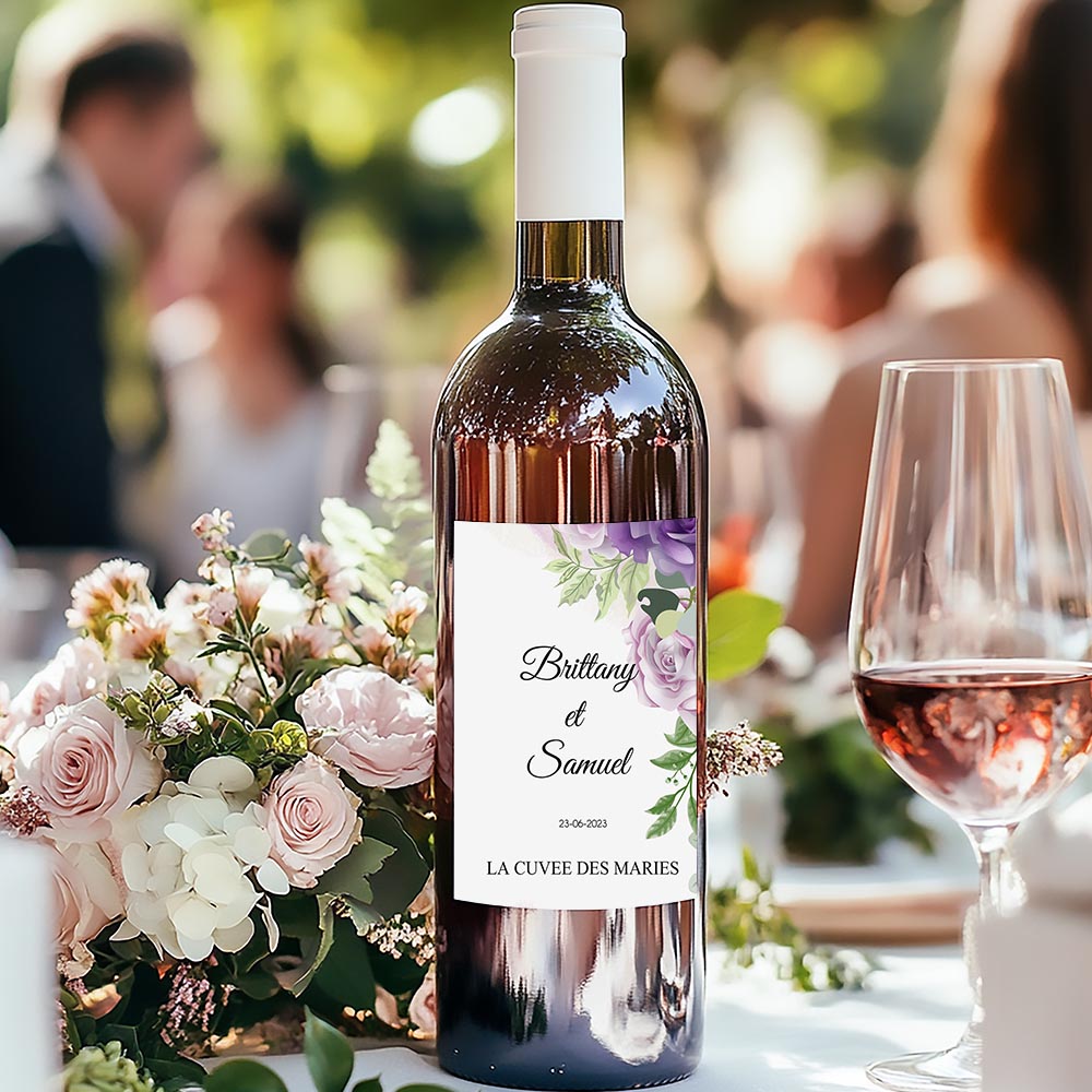 Etiquette bouteille de vin - Floral aquarelle violet (vendu par 4)