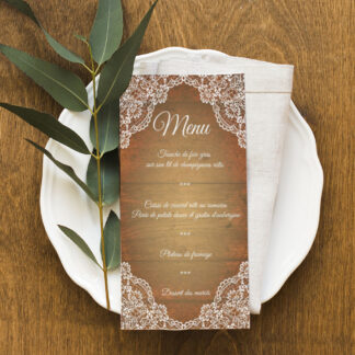 Carte menu - Dentelle et fond bois