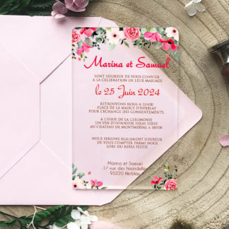Faire-part transparent plexiglass – Ambiance floral rose