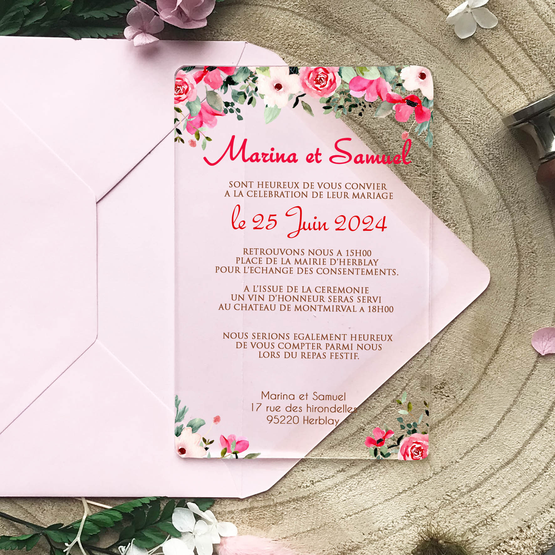 Faire-part transparent plexiglass – Ambiance floral rose