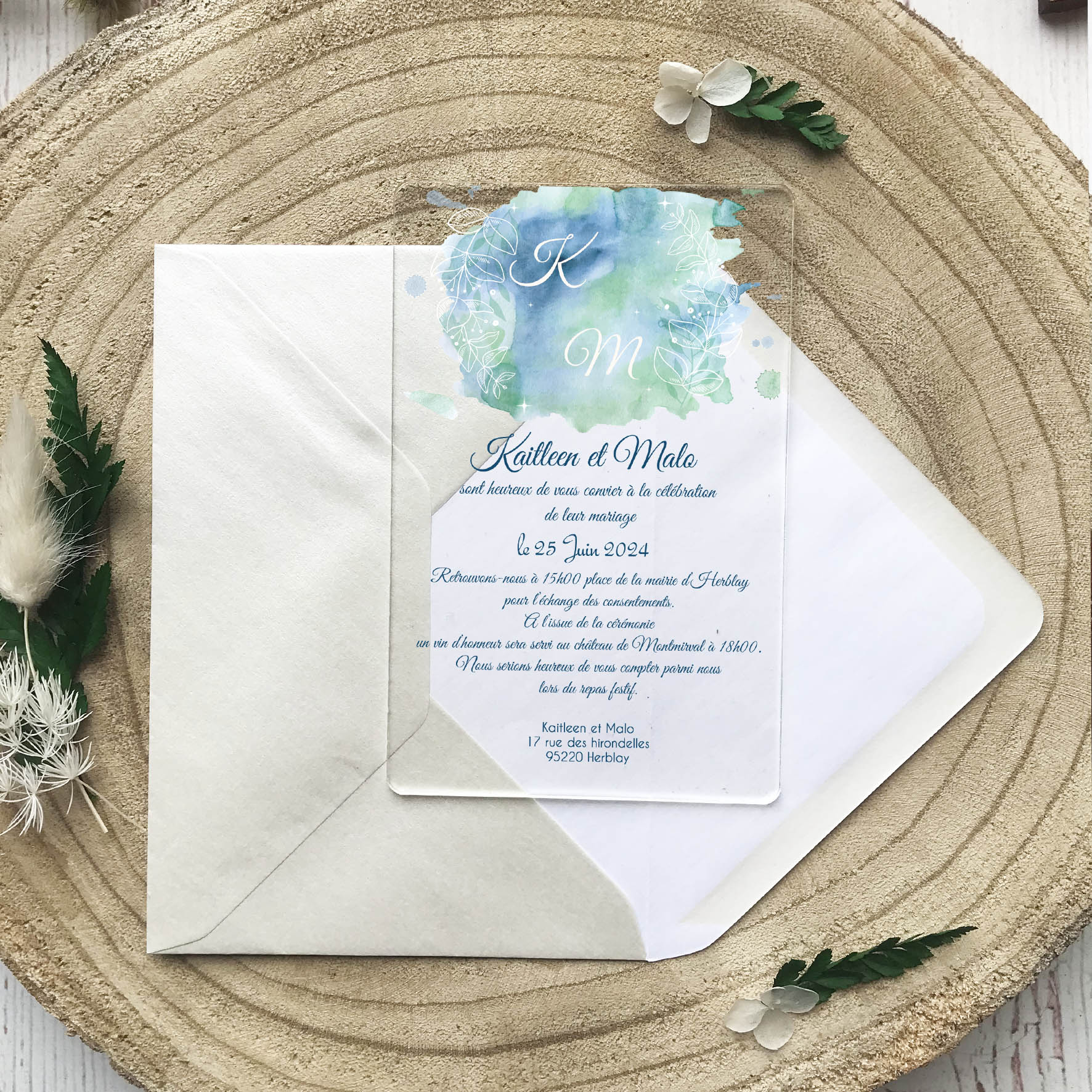 Faire-part transparent plexiglass - Aquarelle bleue