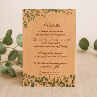 Faire-part de baptême en bois - baptême de la nature