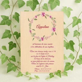 Faire-part baptême en bois - Couronne floral rose