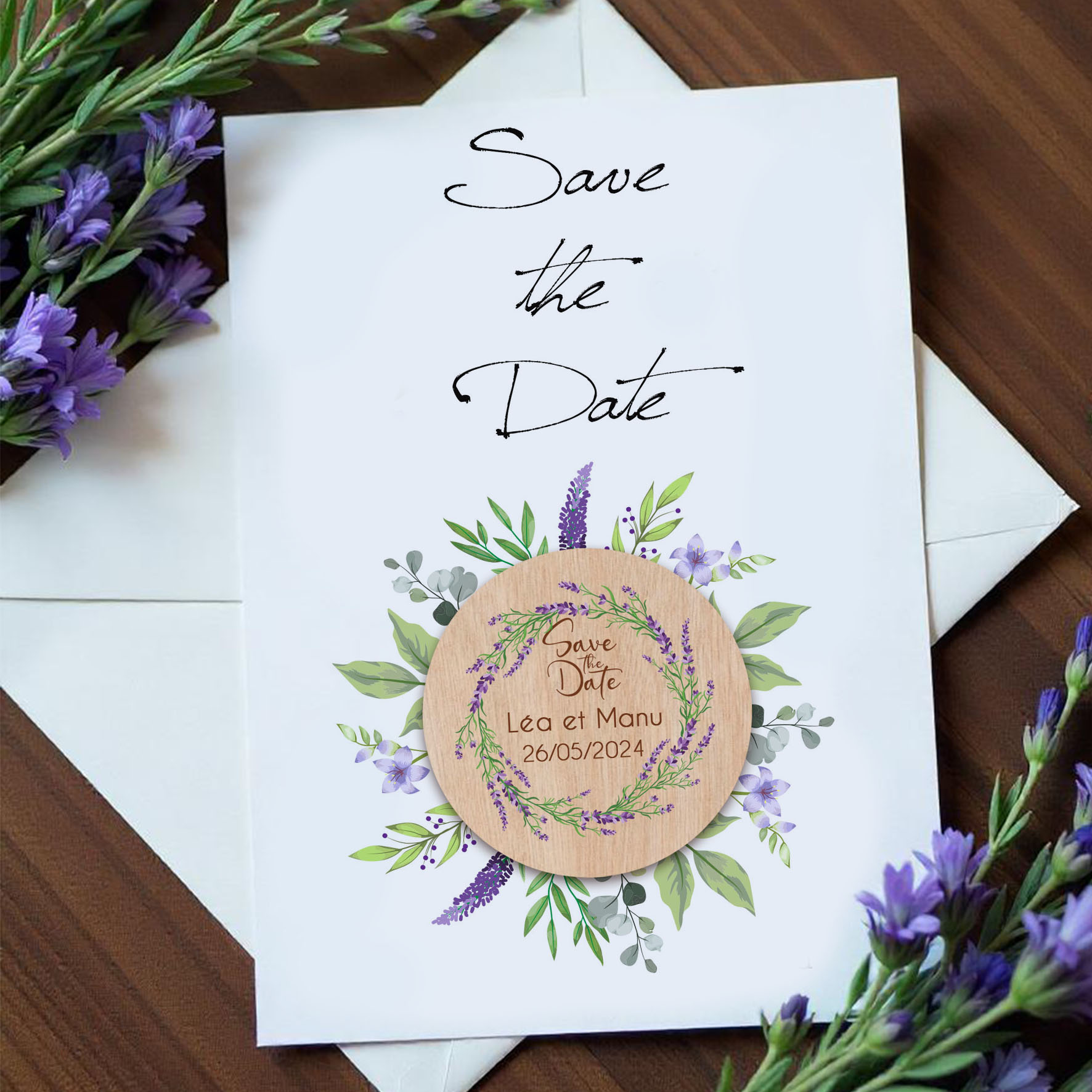 Save the date en bois - Couronne de lavande - modèle 12