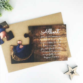 Faire-part de baptême puzzle - Fond bois avec photo