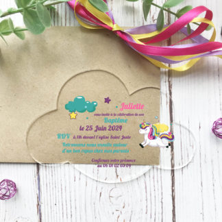 Faire-part de baptême plexiglass - Forme nuage avec licorne