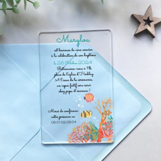 Faire-part de baptême en plexiglass - Coraux et poissons exotiques