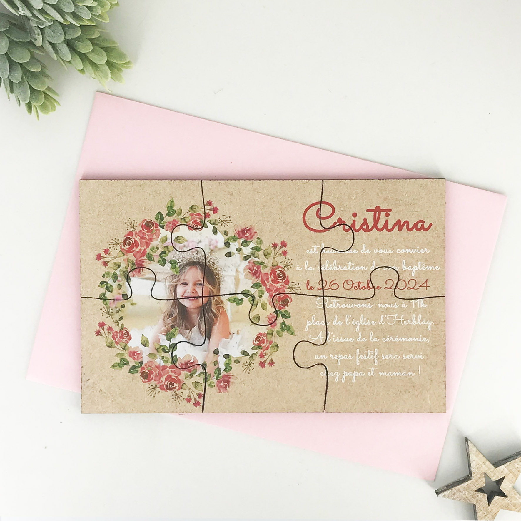 Faire-part de baptême puzzle - Couronne florale – Image 3