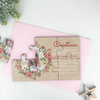 Faire-part de baptême puzzle - Couronne florale