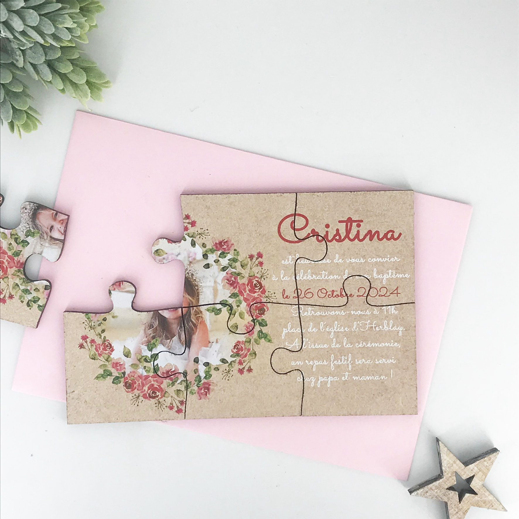 Faire-part de baptême puzzle - Couronne florale