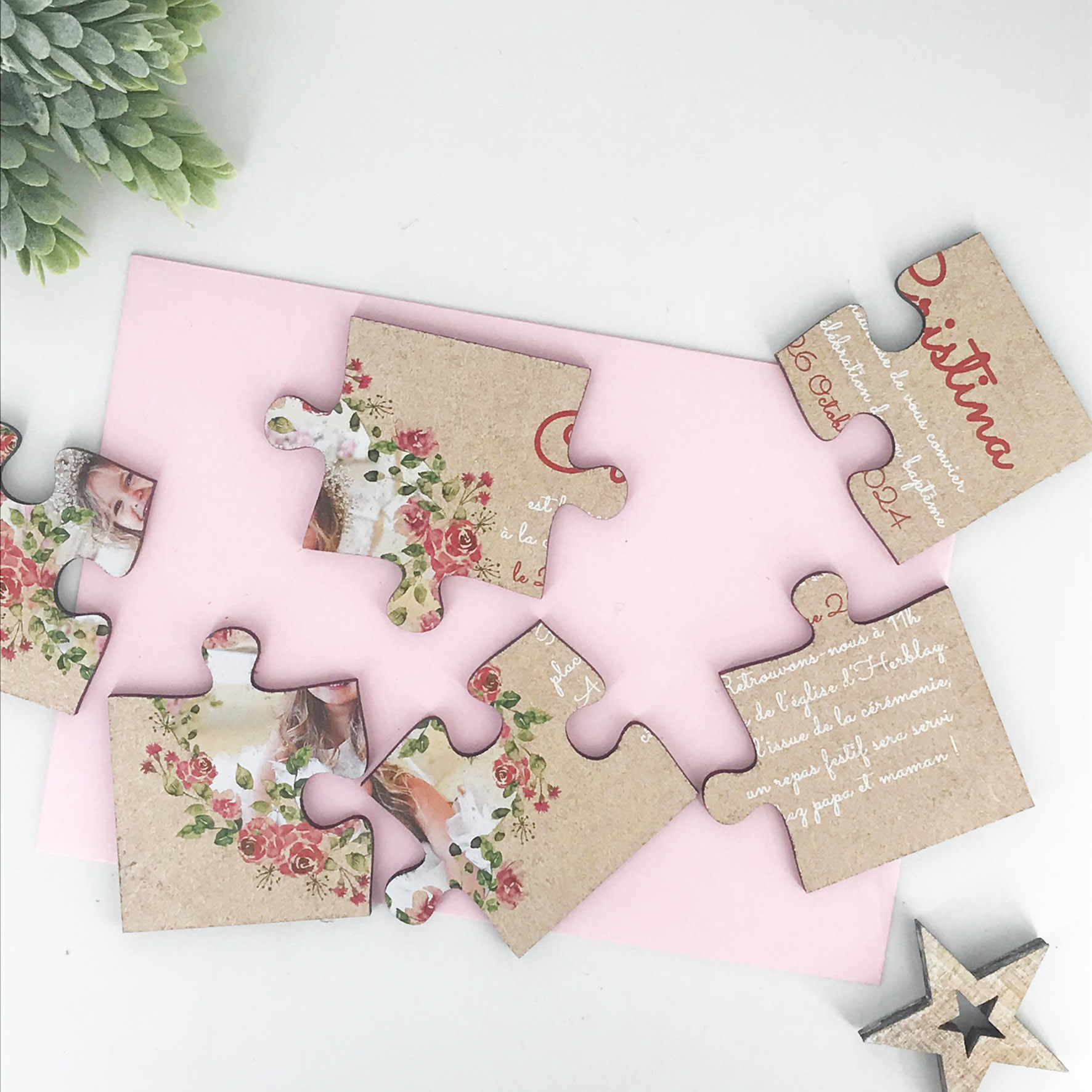 Faire-part de baptême puzzle - Couronne florale – Image 2